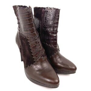 Gianni Bini Brown Patchwork Ankle Boots – Size 7.5M, 3.75” Heel